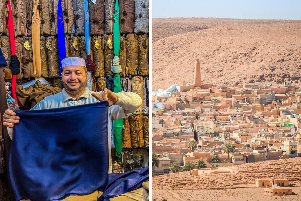 Textile vendor and Moorish architecture in Ghardaia, Algeria