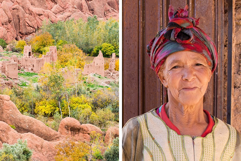 Berber casbah ruins in Ouarzazate and local woman in Skoura, Morocco