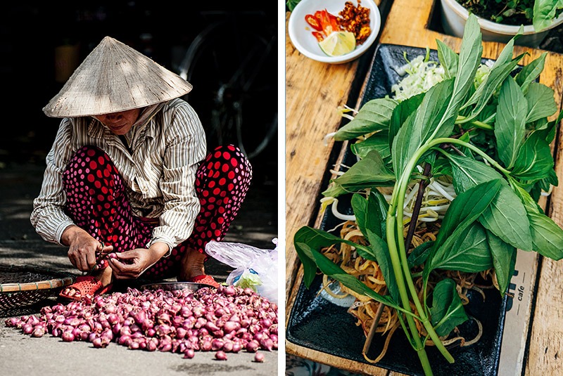 Farmer sorting produce and cooking ingredients in Vietnam