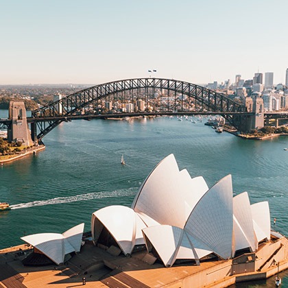 Iconic opera house and city skyline in Sydney, Australia
