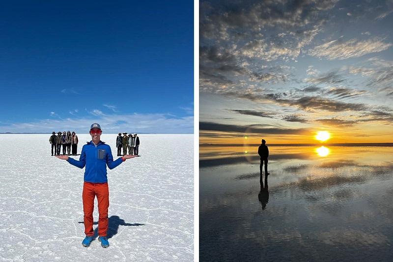 Perspective and sunset on the Salar de Uyuni, Bolivia