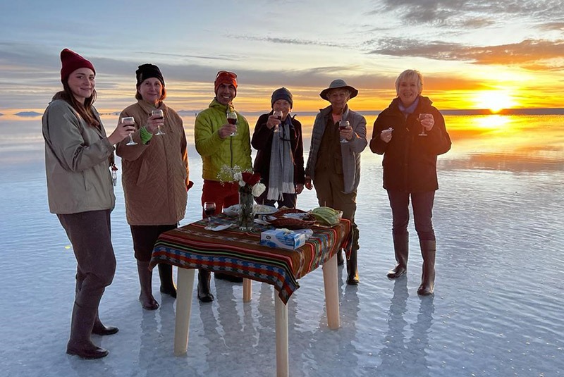 Enjoying sunset drinks on the Salar de Uyuni, Bolivia