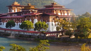 The Punakha Dzong at the confluence of the Mo and Po Rivers, Bhutan