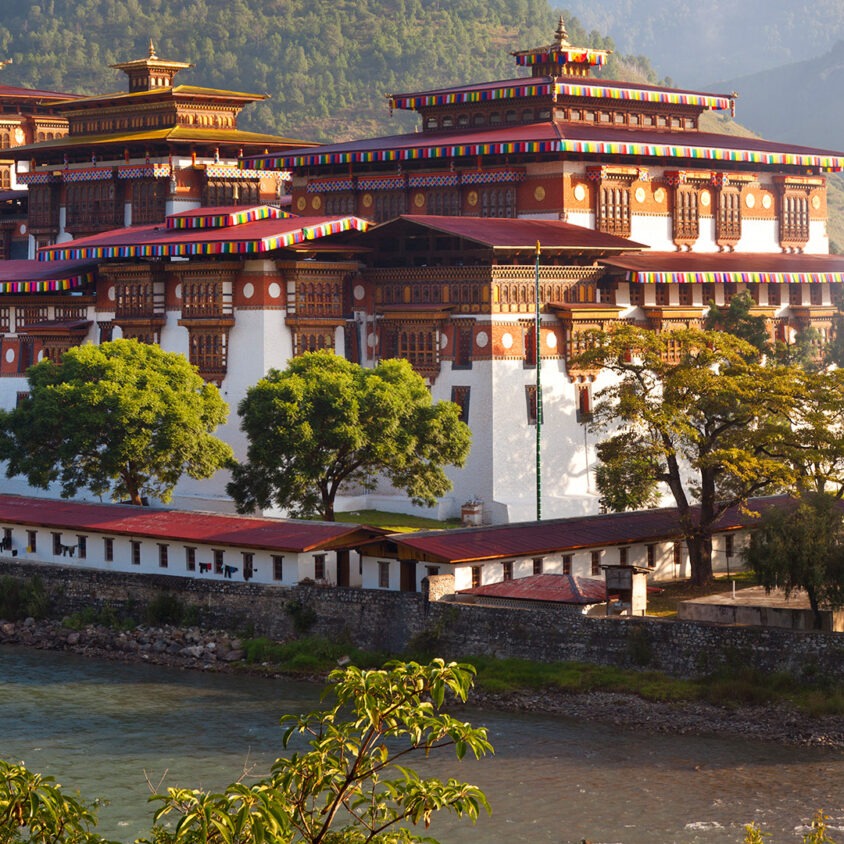 The Punakha Dzong at the confluence of the Mo and Po Rivers, Bhutan