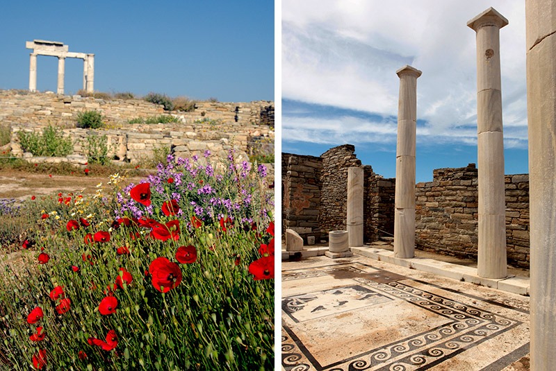 Ruins of colums and mosaics on Delos, Greece