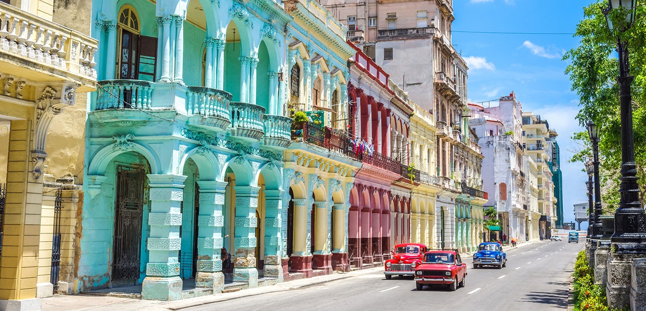 Colorful buildings and classic cars Havana, Cuba