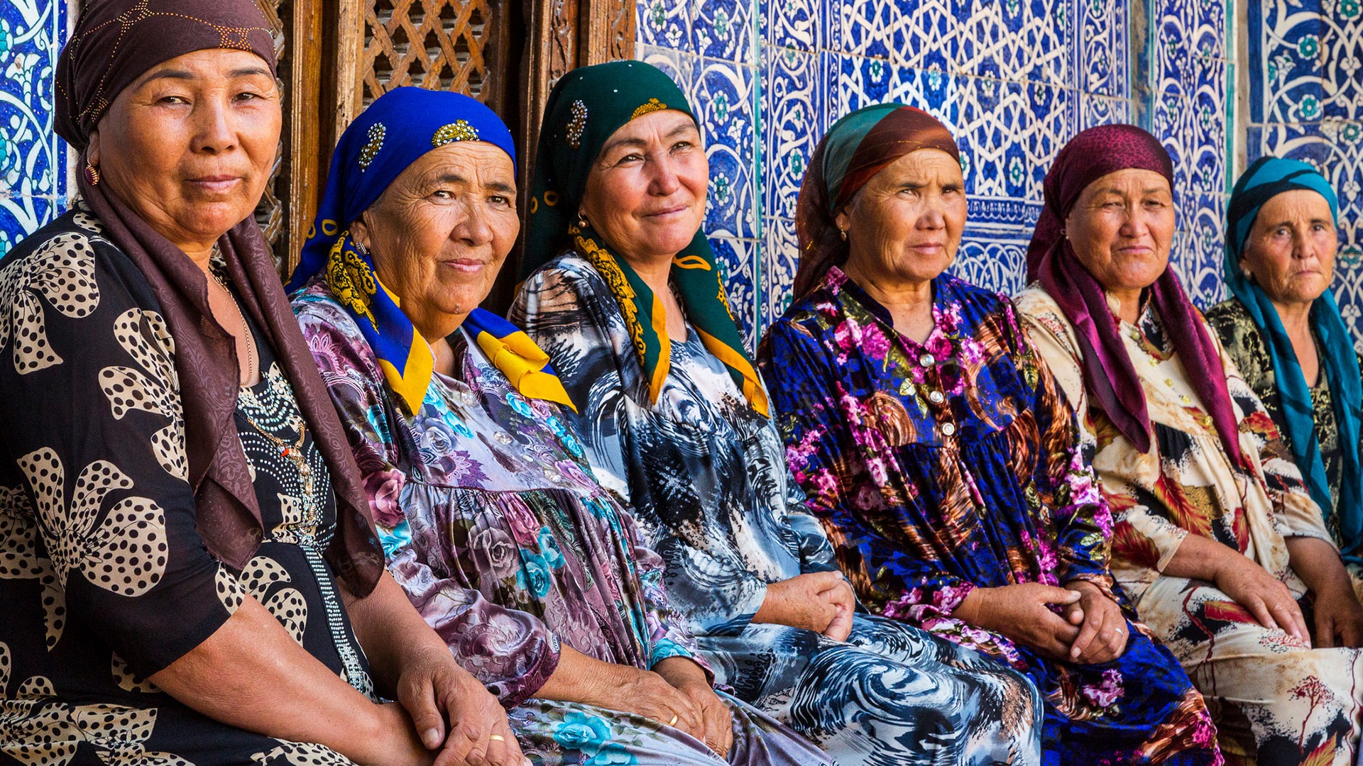 Uzbek women in colorful dresses in Khiva, Uzbekistan